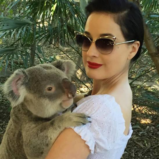 Dita down under holding a koala at an animal sanctuary.